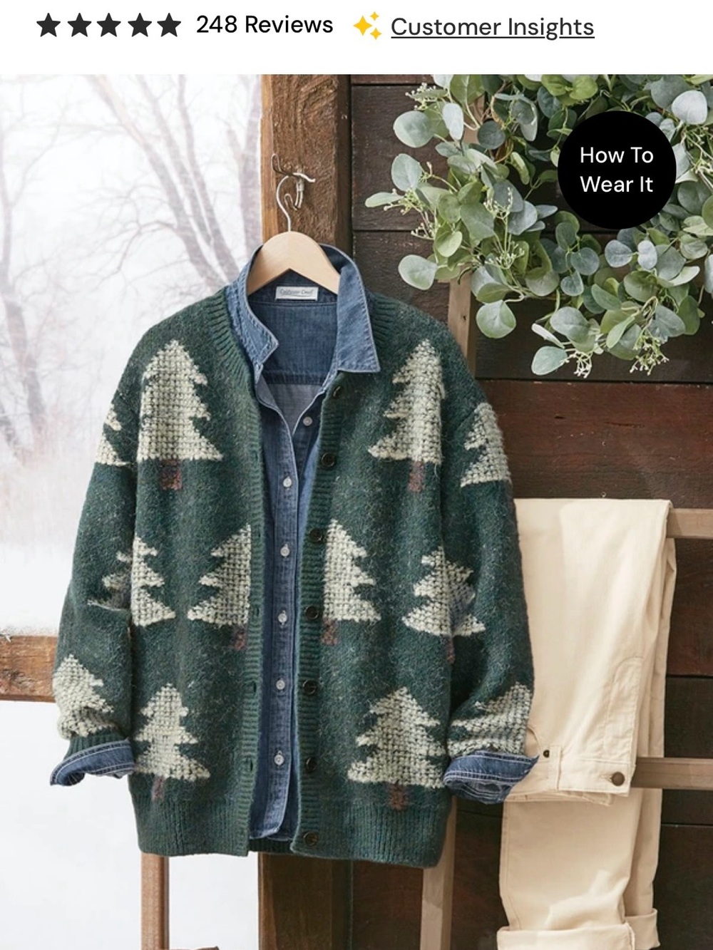 Coldwater Creek Evergreen Tree GREEN Cardigan Sweater Women's Size XL Cottagecor